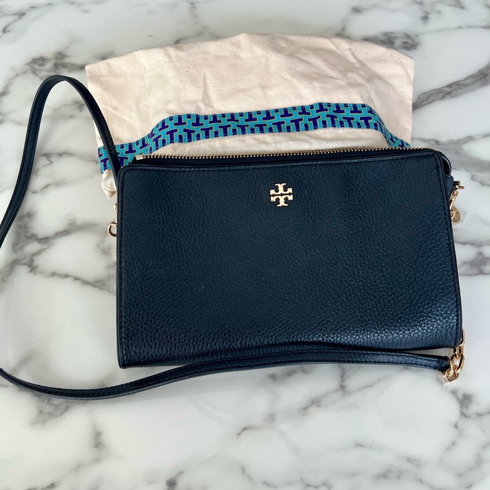 Tory Burch Black Leather Crossbody Bag with Gold Accents